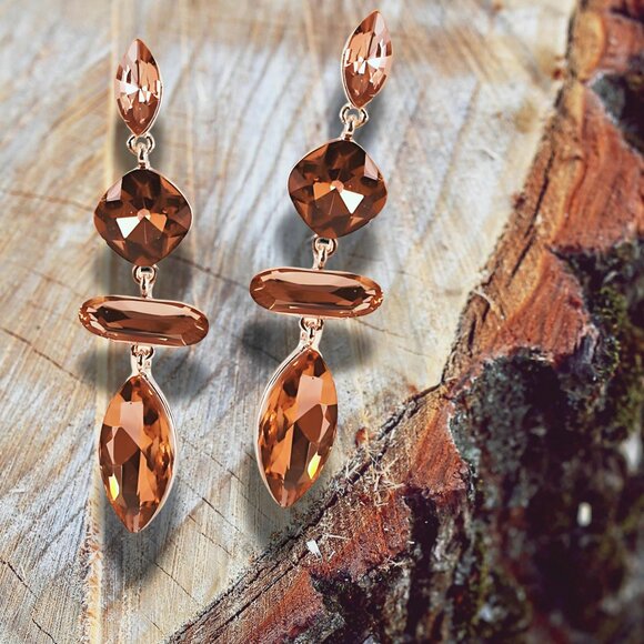 Pretty In Peach Crystal Bling Glam Tiered Drop Statement Earrings NEW - Picture 2 of 3